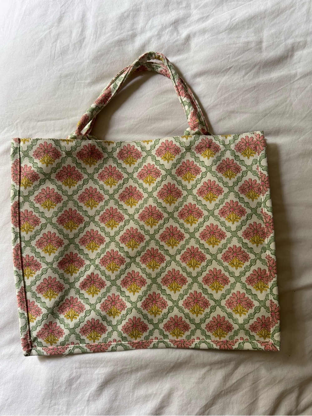 Floral Pattern Cotton Tote Bag in Pink and Green
